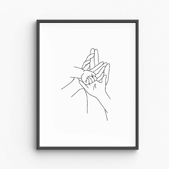 Minimalist Family Hands Line Art Mom Dad Baby Holding Drawing Parent Love Sketch Heartwarming Wall Decor