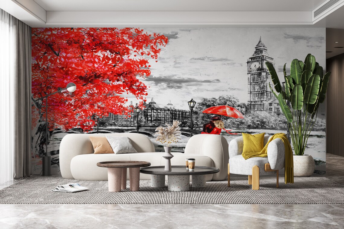 Couple With Red Umbrella, London Landscape Art Print - Image 3