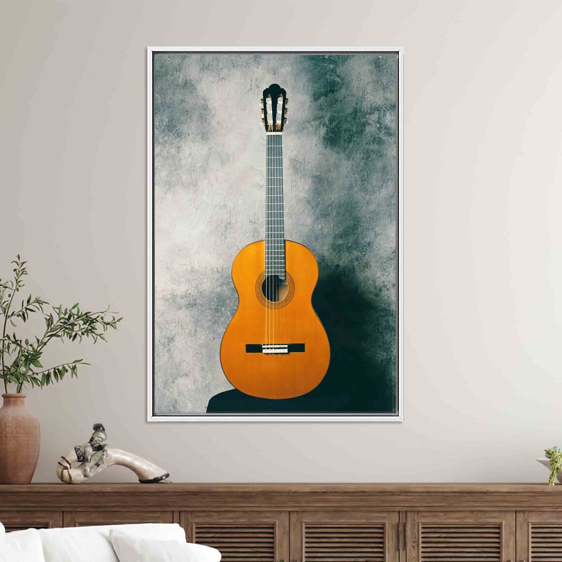 Classical Acoustic Guitar on Moody Teal Grunge Backdrop Poster - Image 4