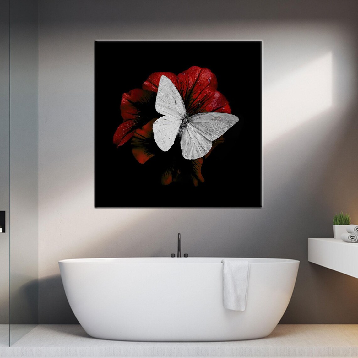 White Butterfly On Red Flower, Modern Art Decor - Image 3