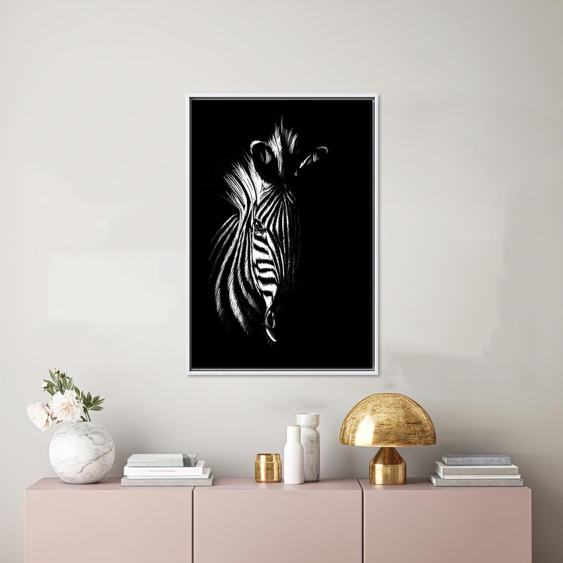 Zebra Portrait Emerging from Darkness in Black and White Poster - Image 4