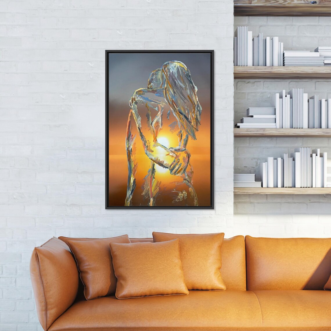 Romantic Couple Embracing at Sunset Abstract Love Story Poster - Image 3