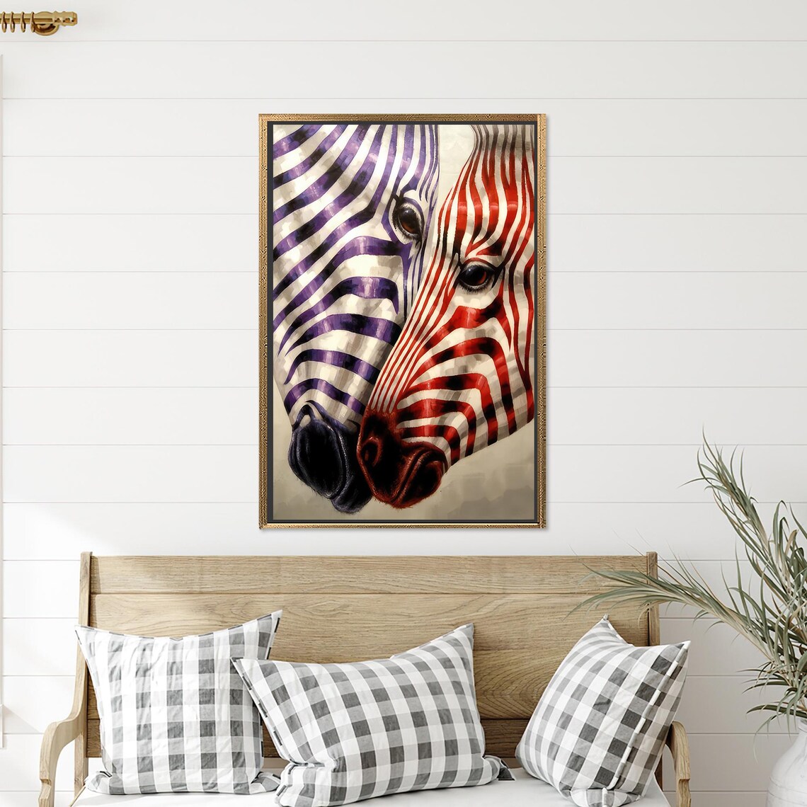 Two Zebra Faces Pressed Cheek to Cheek in Purple and Red Poster - Image 2