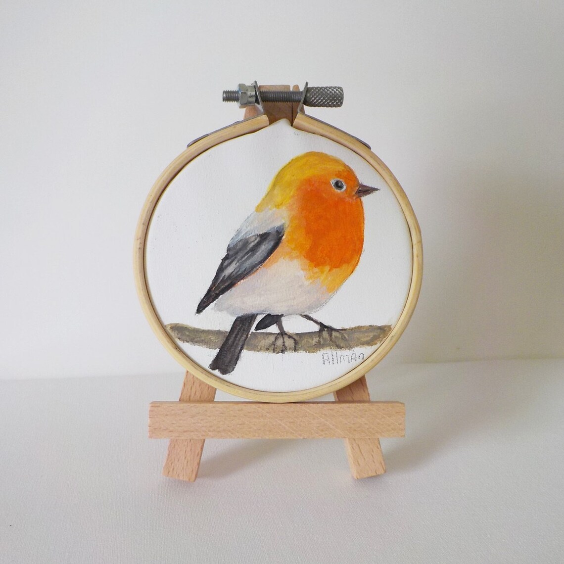 Orange Songbird on Branch Watercolor in Embroidery Hoop Art Poster - Image 5