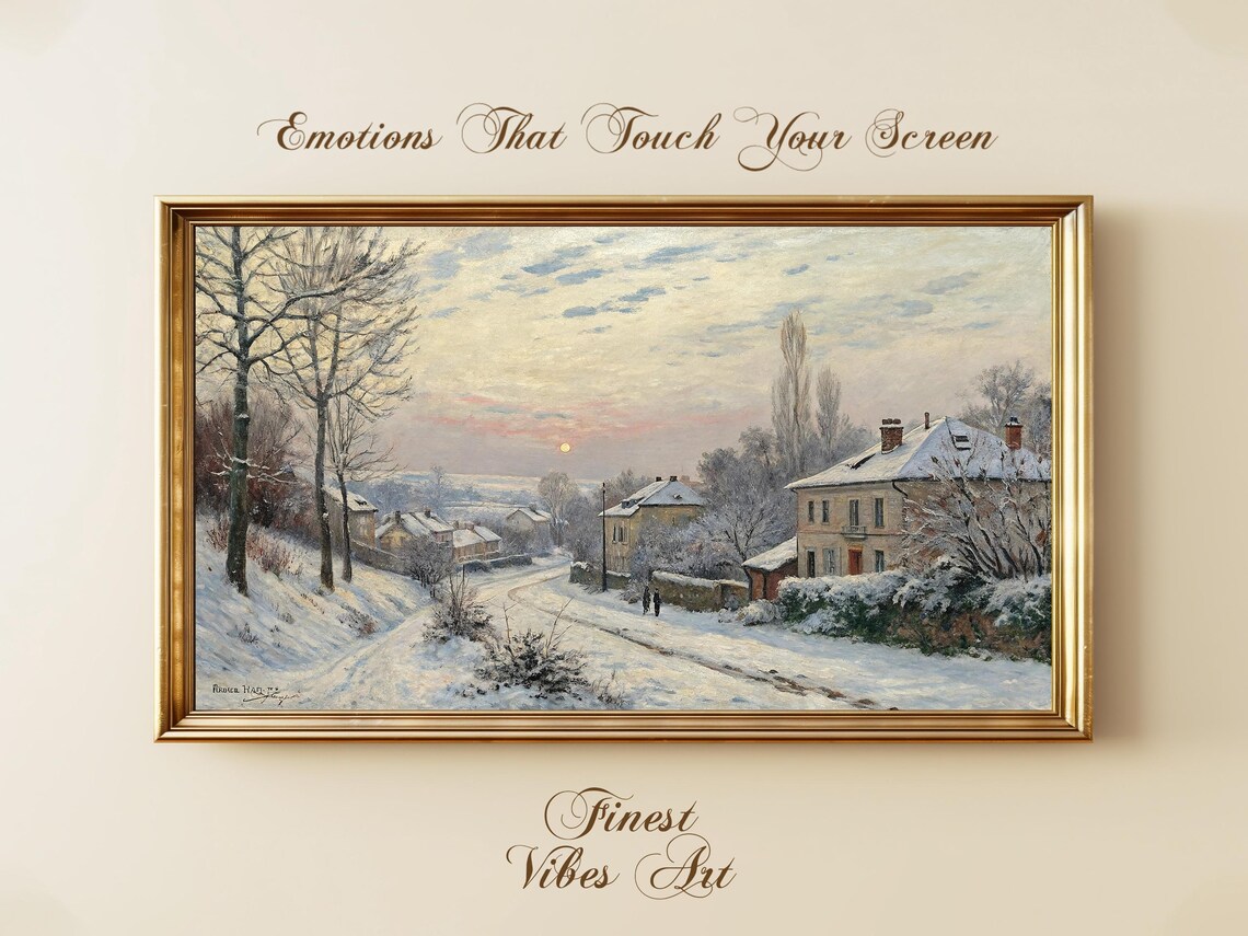 Vintage Winter Village Sunrise Snowy Countryside Oil Painting Poster