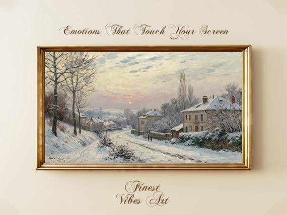 Winter Village Sunrise Landscape Snowy Countryside Painting Cozy Vintage Wall Art Peaceful Home Decor