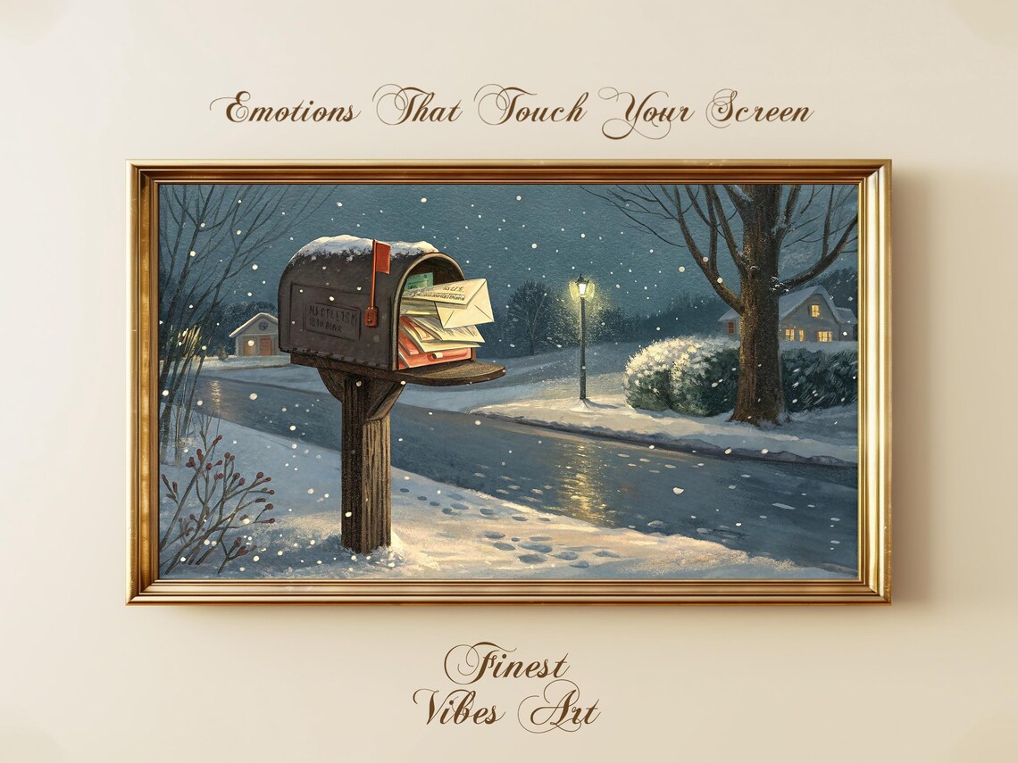 Snowy Mailbox Christmas Letters Winter Night Vintage Scene Poster