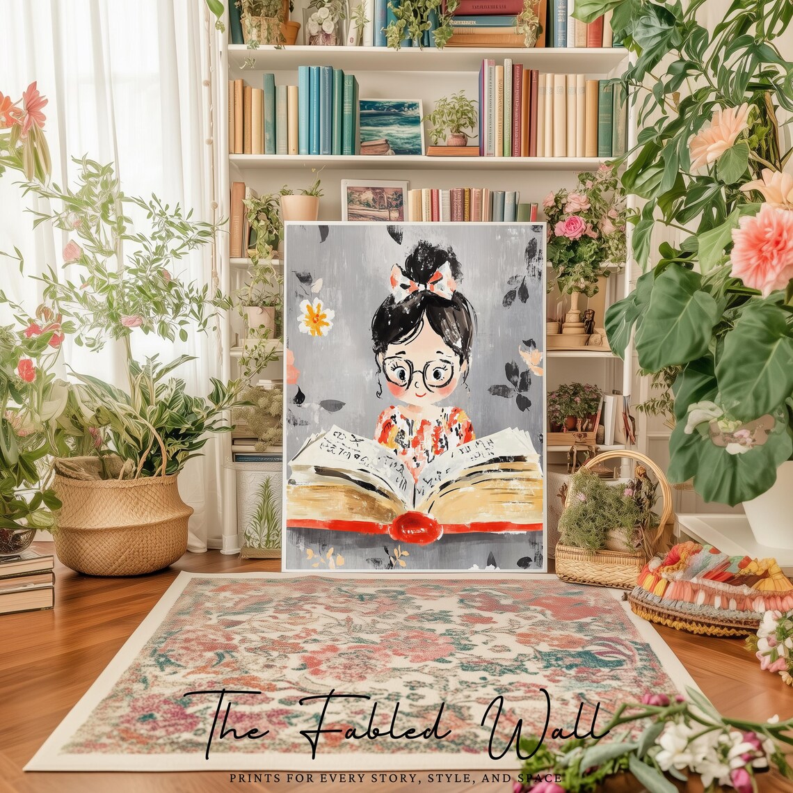 Bookish Girl Reading, Whimsical Floral Academia - Image 4