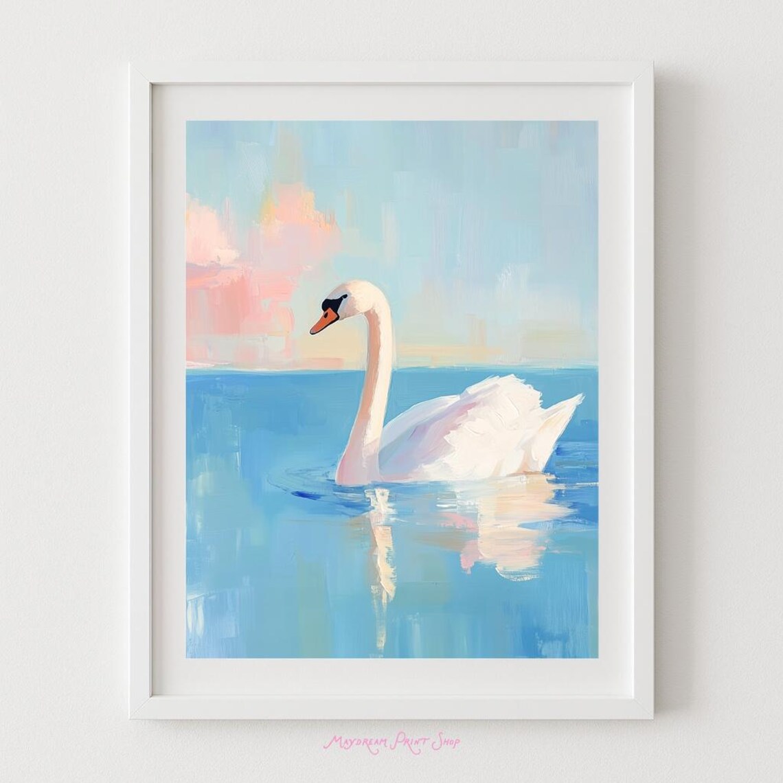 White Swan Gliding on Calm Blue Water Pastel Painting Art Poster