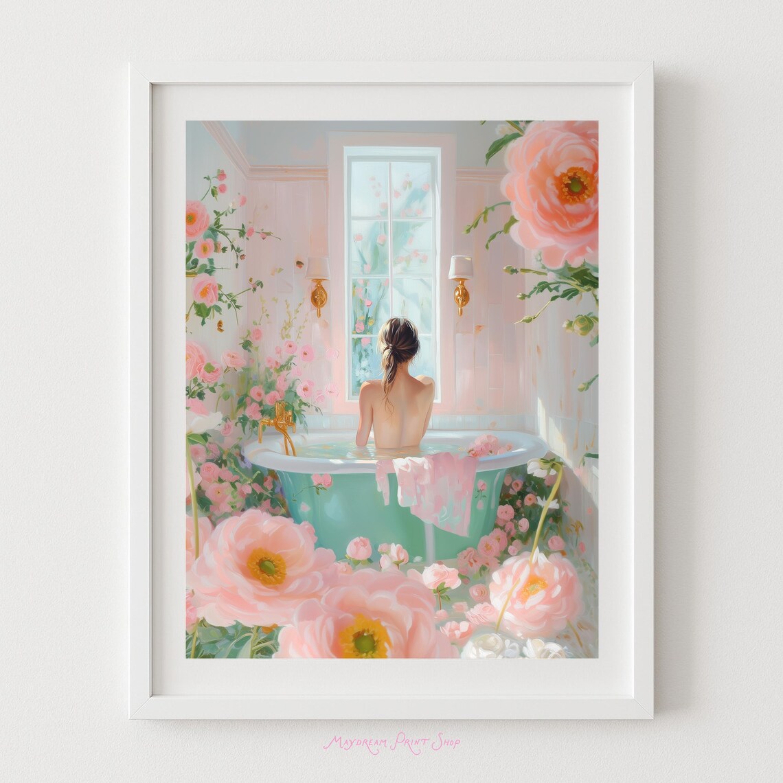 Woman Bathing In Floral Bathtub Pastel Bathroom Bloom Art Poster