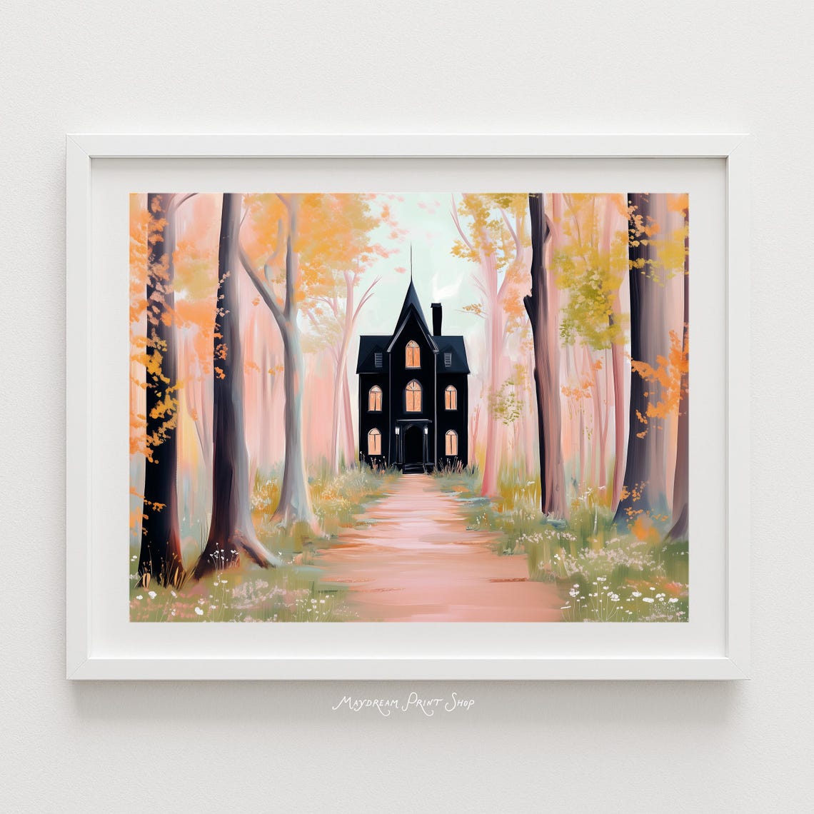 Black Victorian House Pastel Autumn Forest Halloween Art Print