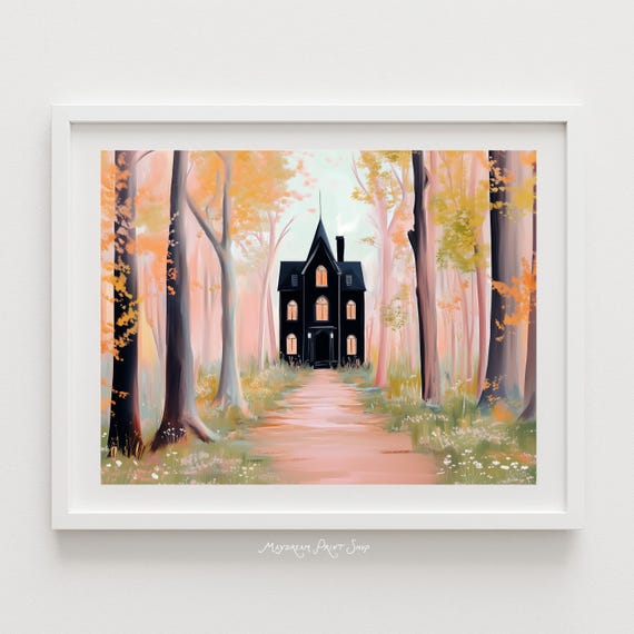 Haunted Mansion In The Woods Artwork Halloween House Decor Black Victorian Cottage Spooky Forest Trees Landscape Painting