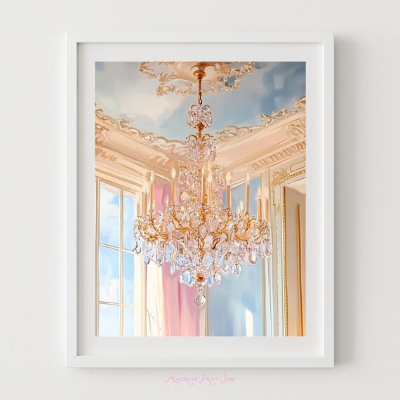 Crystal Chandelier Pastel Art Rococo Light Fixture Print Paris Glamour French Castle Decor Fairytale Artwork Girls Nursery