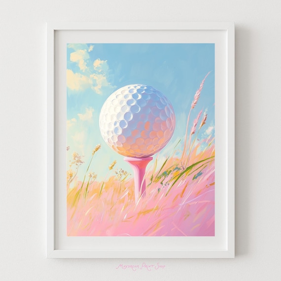Golf Ball on Pink Tee Pastel Painting Sports Art Decor Poster