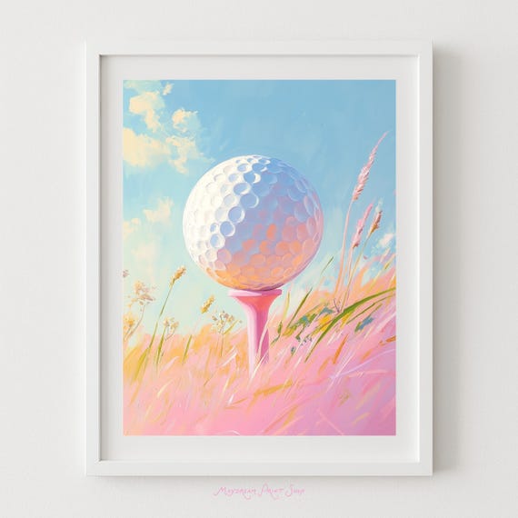 Pastel Golf Ball Art Print Pink Wall Tee Time Painting Sporty Floral Decor Colorful Womens Poster