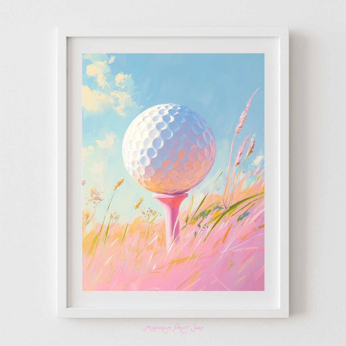 Golf Ball on Pink Tee Pastel Painting Sports Art Decor Poster