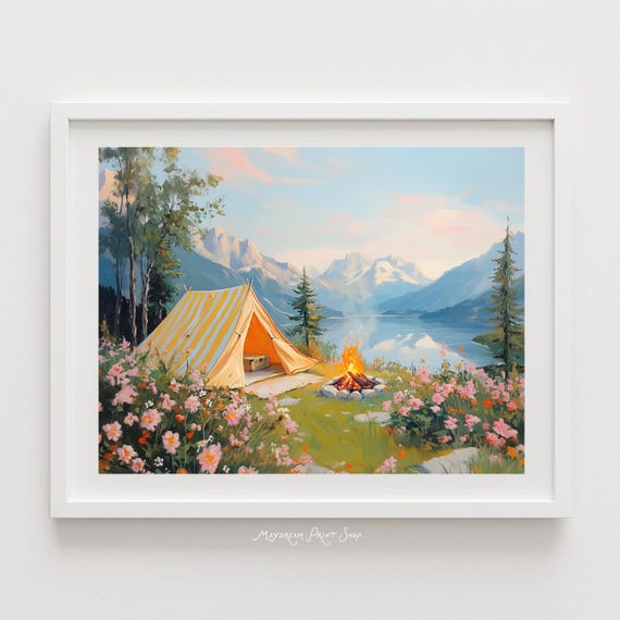 Mountain Glamping Art Print Tent By Lake With Wildflowers And Campfire Cozy Bonfire Summer Camping Decor Girls Room Cabin