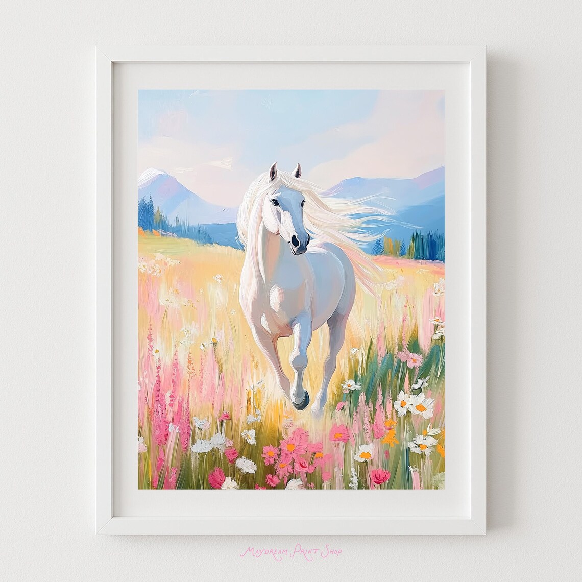 White Horse Running Art Print, Pastel Animal Scene