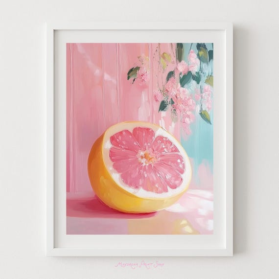 Grapefruit Pastel Painting Summer Kitchen Or Dining Room Art Juicy Citrus Print Blue And Pink Colorful Artwork