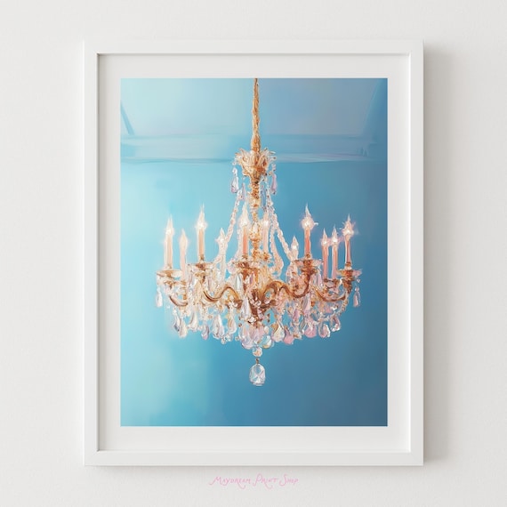 Blue Crystal Chandelier Rococo Style Elegant Coquette Wall Art