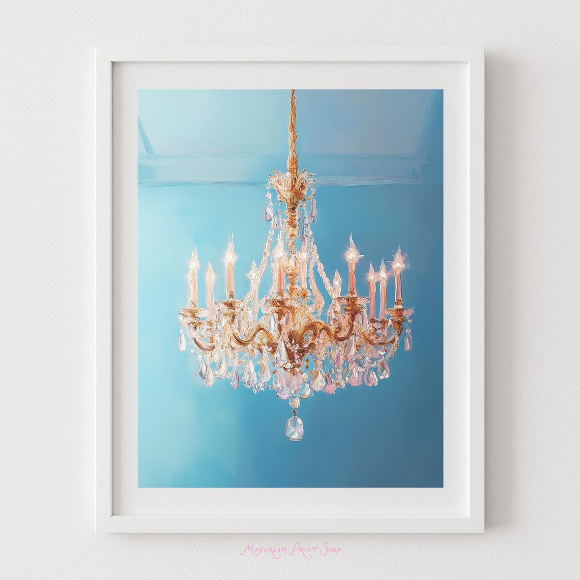 Blue Crystal Chandelier Rococo Style Elegant Coquette Wall Art