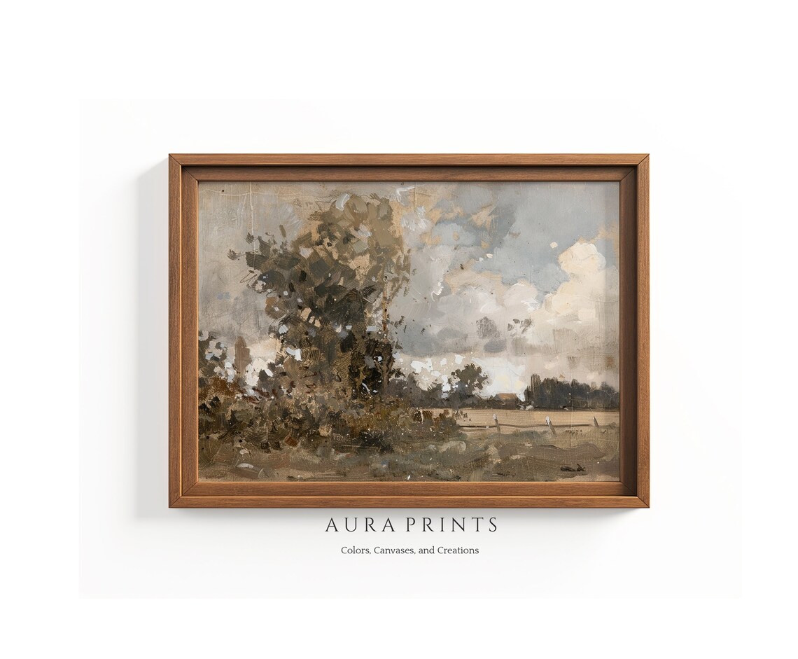 Lone Tree Moody Field Overcast Sky Vintage Oil Painting Poster
