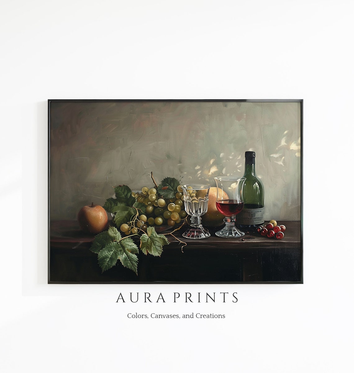 Vintage Still Life Grapes Wine Bottle Glasses Kitchen Art Poster