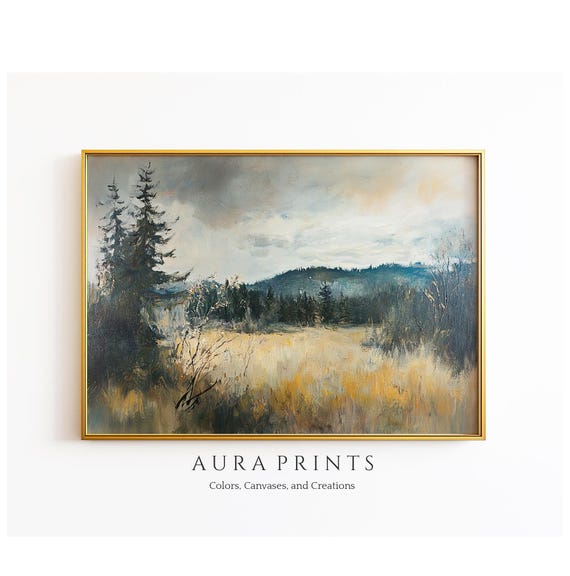 Rustic Mountain Meadow Painting Vintage Countryside Wall Art 1251
