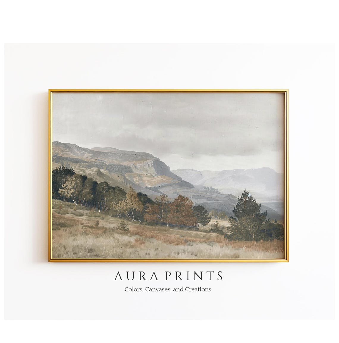 Vintage Forest Mountains Misty Landscape Antique Oil Painting Poster
