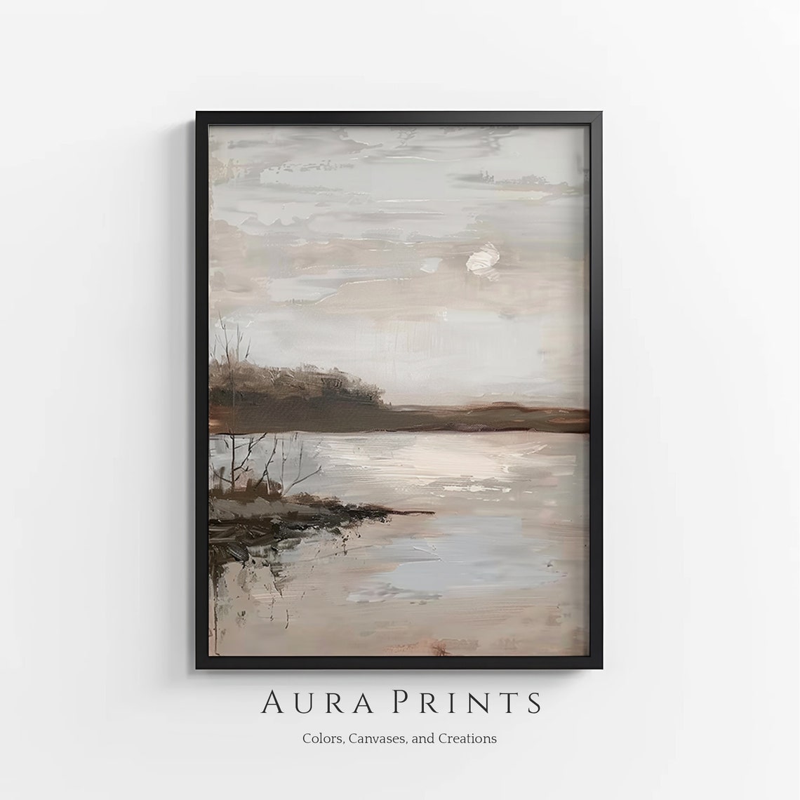 Muted Neutral Abstract Lakeside with Bare Trees Painting Poster
