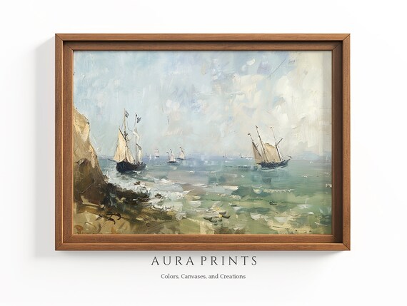 Tall Sailing Ships Rough Sea Classic Impressionist Oil Painting Poster