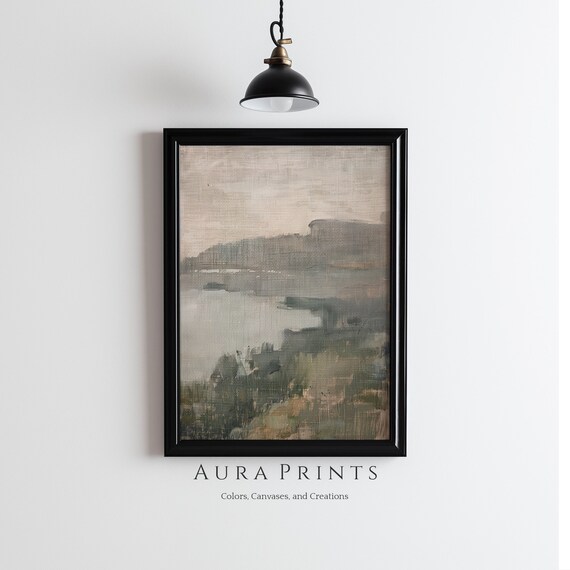 Misty Lakeside Abstract Landscape Soft Muted Tone Painting Poster