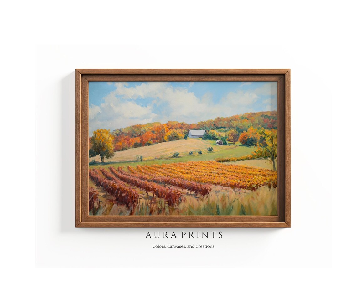 Autumn Vineyard Oil Painting Harvest Rows Barn Fall Foliage Art Poster