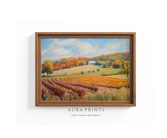 Pumpkin Patch With Autumn Trees Painting Rows Of Pumpkins In Farm Landscape Vintage Art 1239