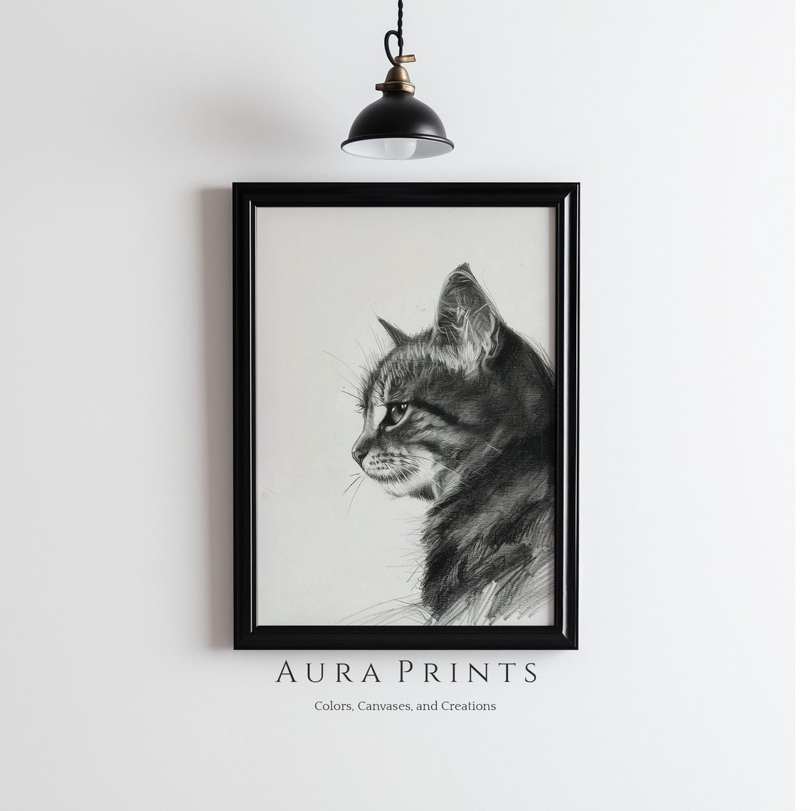 Gentle Tabby Cat Pencil Sketch Profile Rustic Animal Drawing Poster