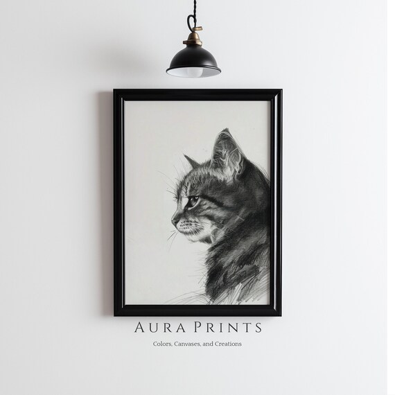 Gentle Tabby Cat Pencil Sketch Profile Rustic Animal Drawing Poster