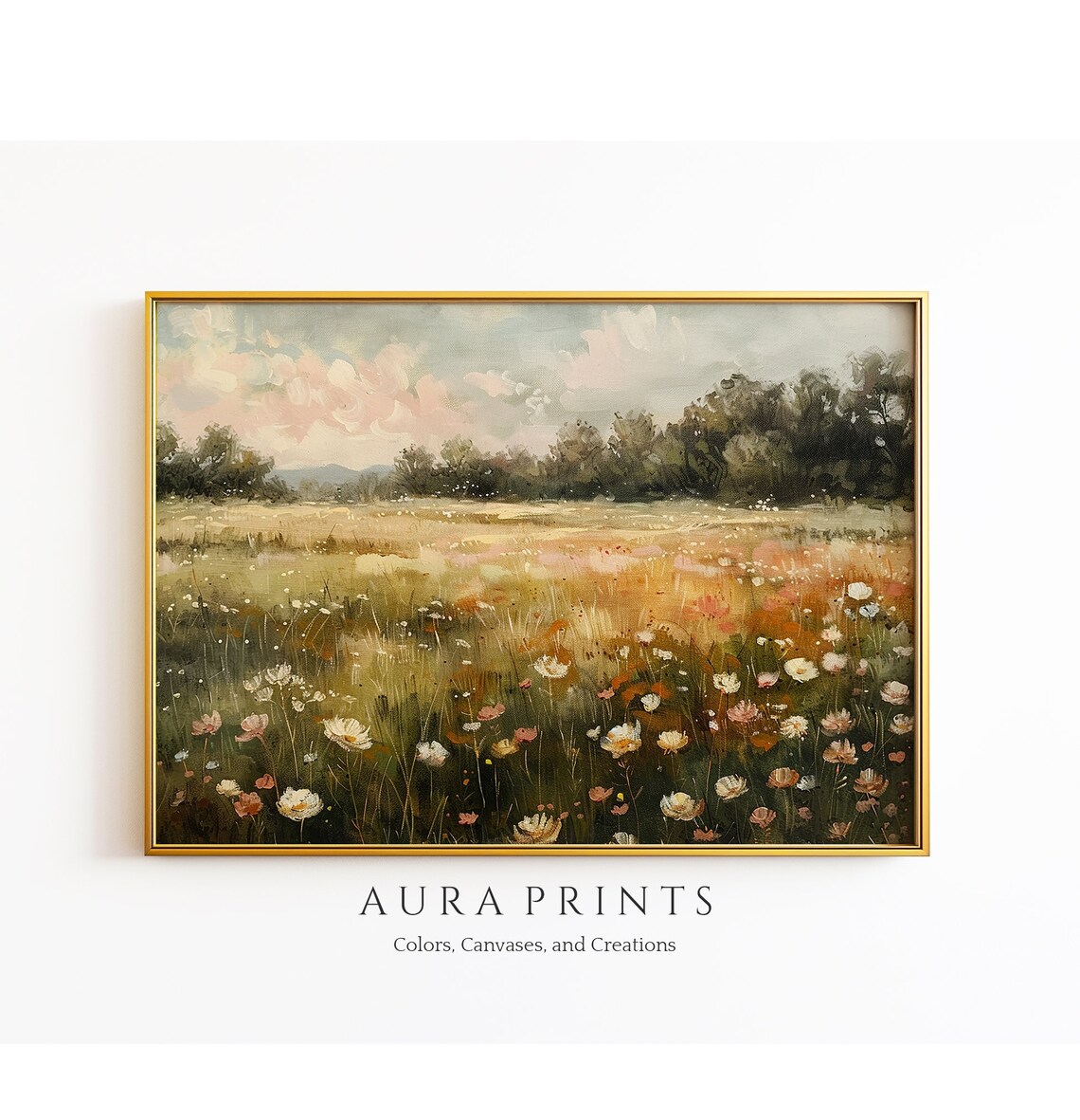 Wildflower Meadow Golden Sunset Soft Pastoral Landscape Painting Poster
