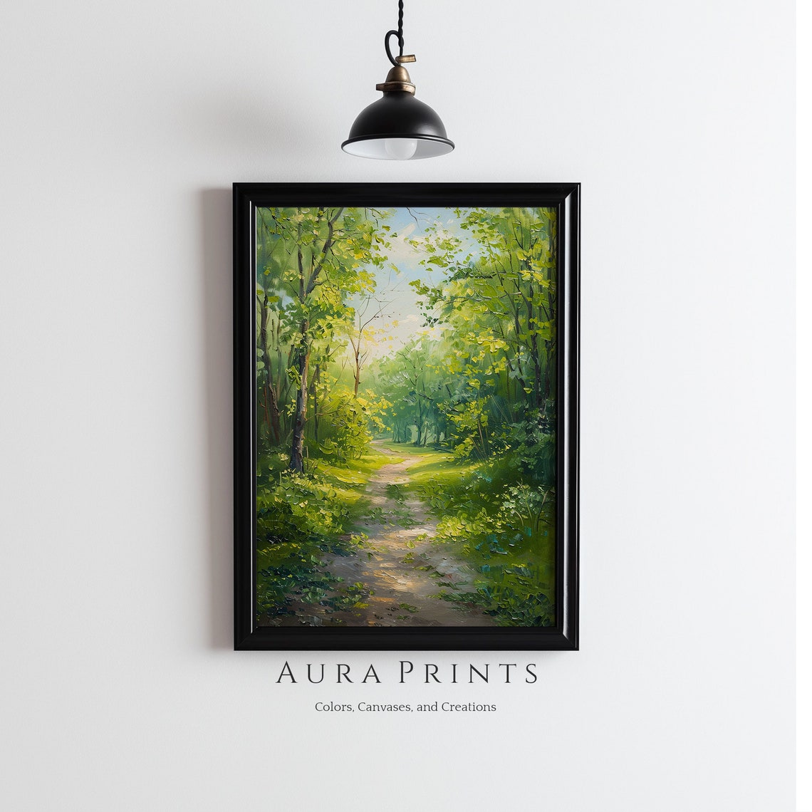 Sunlit Woodland Path Oil Painting Green Forest Country Trail Poster