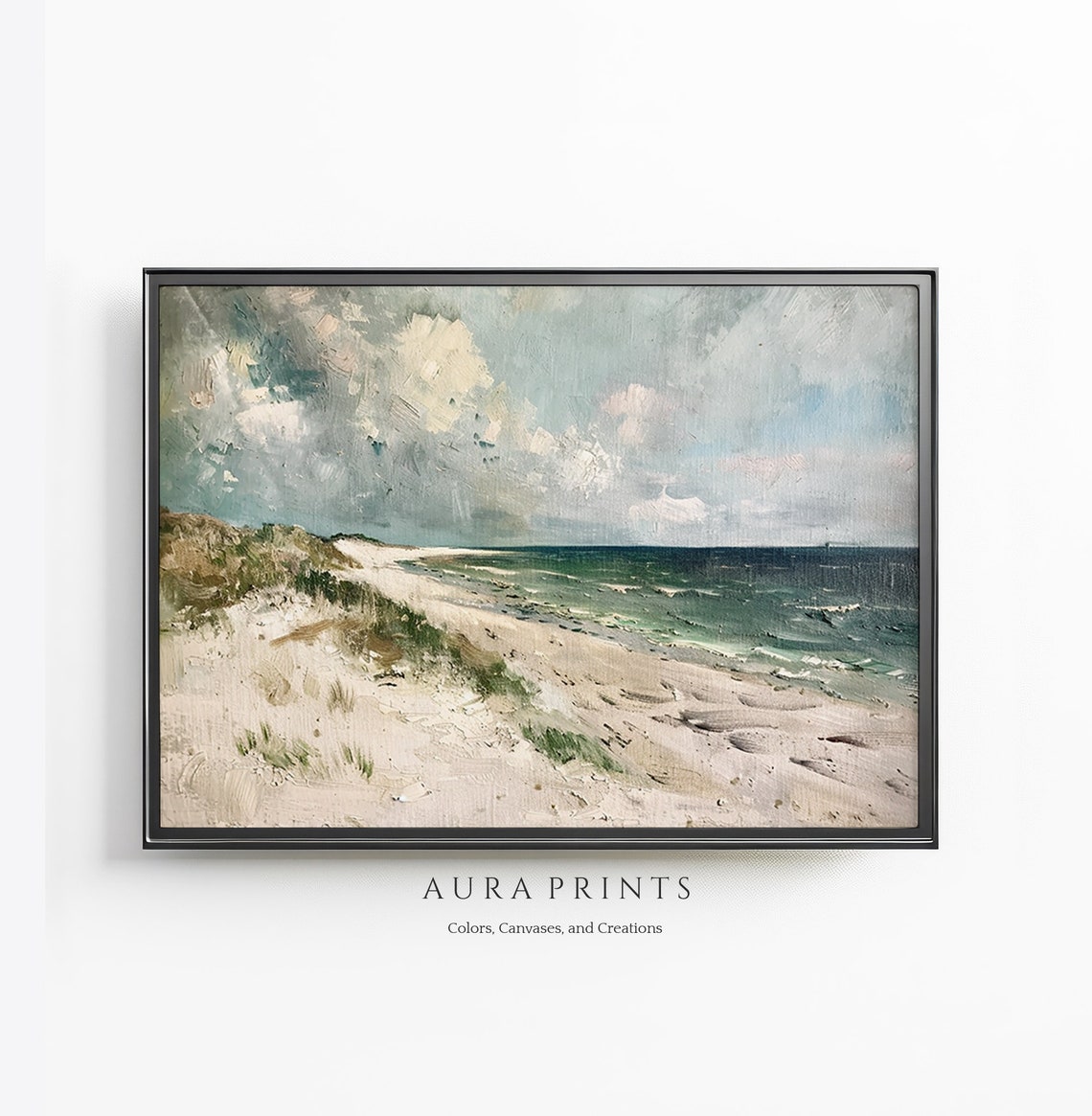 Windswept Beach Dunes Cloudy Sky Impressionist Coastal Oil Art Poster