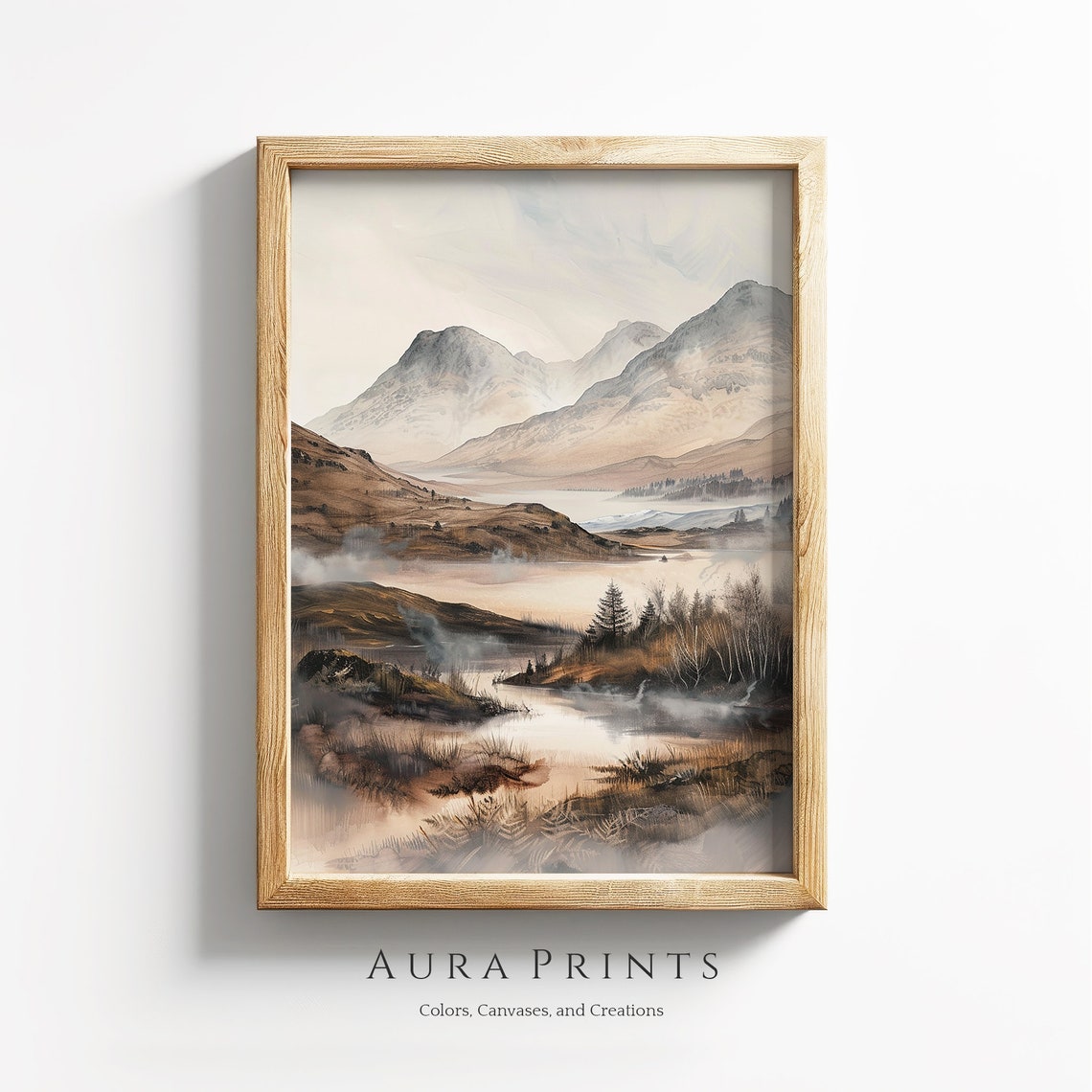 Scottish Highlands Misty Morning Mountain Watercolor Art Poster