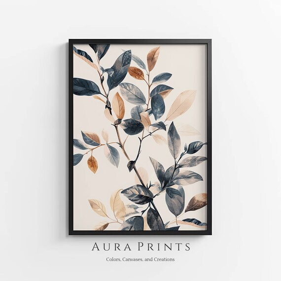 Soft Botanical Leaves Indigo Copper Watercolor Floral Art Poster