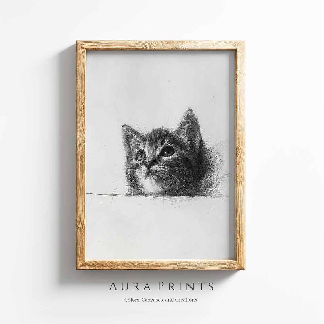 Curious Kitten Pencil Sketch Vintage Cat Art Rustic Farmhouse Decor Wall Art