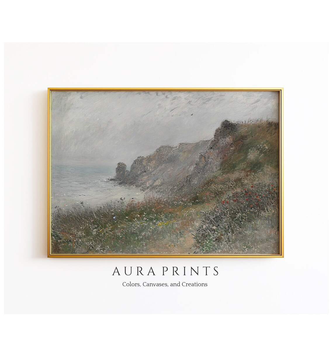Rocky Shoreline Sunset Seascape Vintage Coastal Oil Painting Poster