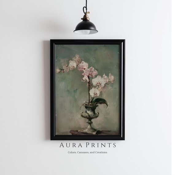 Antique White Orchid Oil Painting Vintage Floral Still Life Print