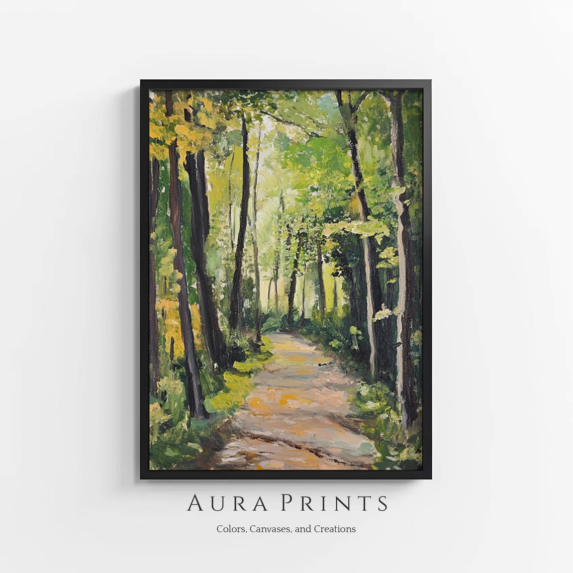 Sunlit Forest Path Impressionist Oil Painting Woodland Nature Poster