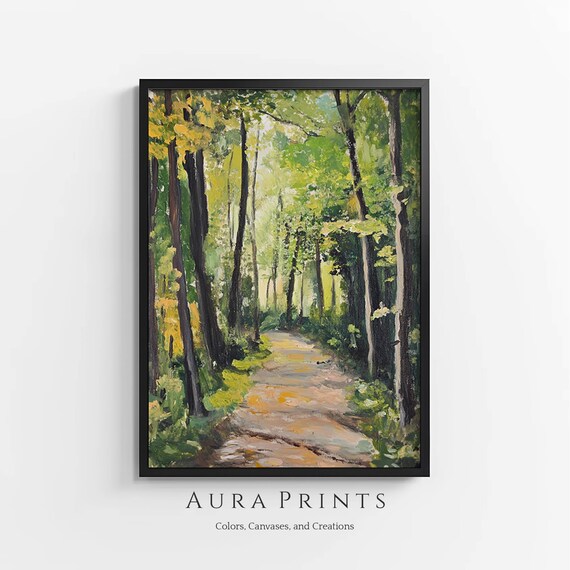 Sunlit Forest Path Impressionist Oil Painting Woodland Nature Poster