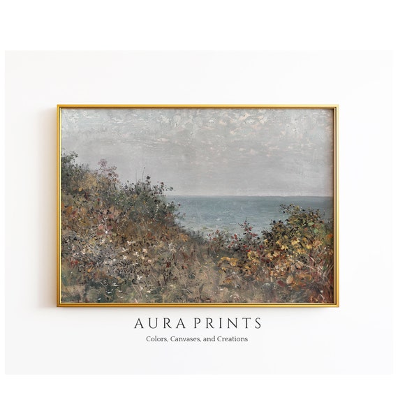 Autumn Seascape With Meadow Flowers Rustic Coastal Art Vintage Farmhouse Decor Gift 1038