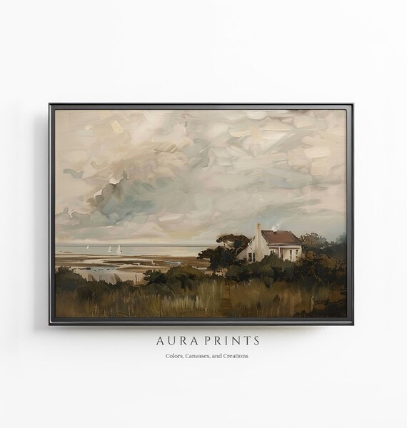 European Coastal Cottage Sailboats Muted Vintage Oil Art Poster