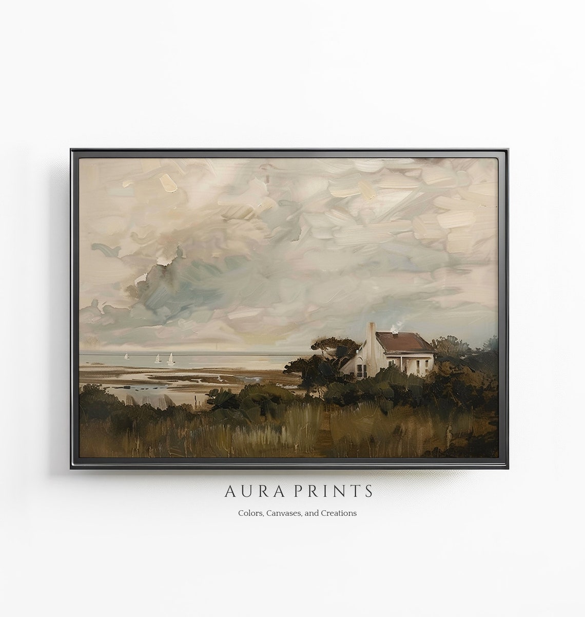 European Coastal Cottage Sailboats Muted Vintage Oil Art Poster