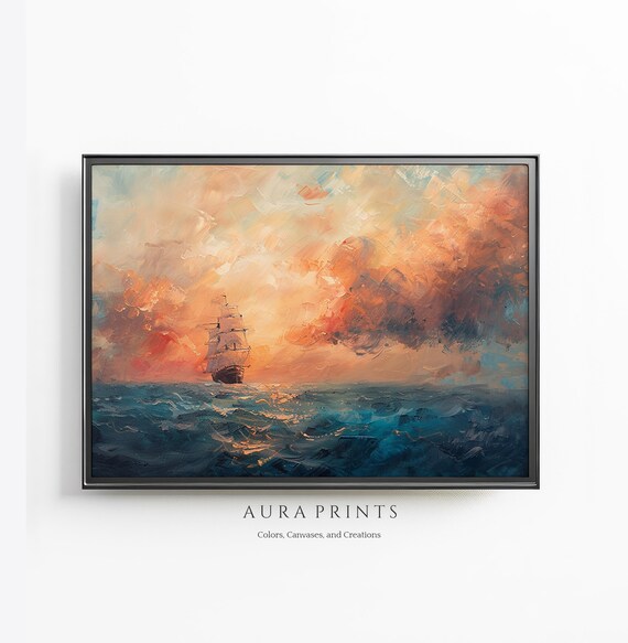 Tall Ship Sunset Ocean Sailing Vessel Vintage Seascape Oil Poster